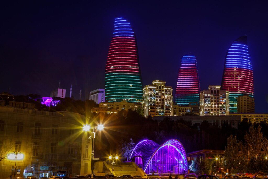 azerbaijan neon highlighted buildings and skyscrapers, baku
