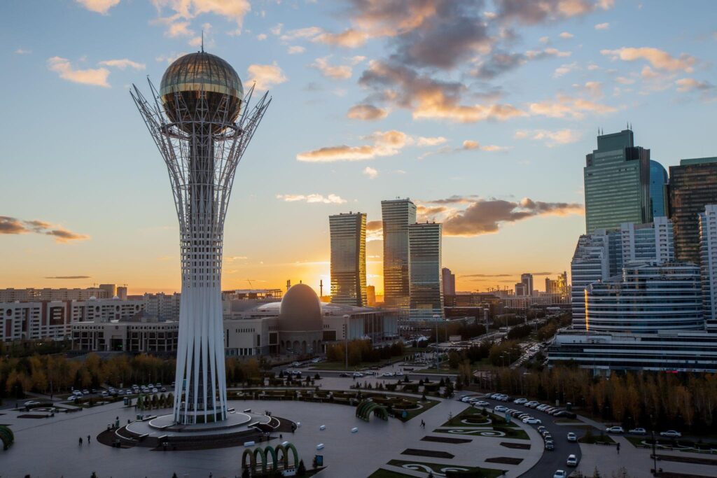 kazakhstan. center of the city, skyscraper, view on baiterek